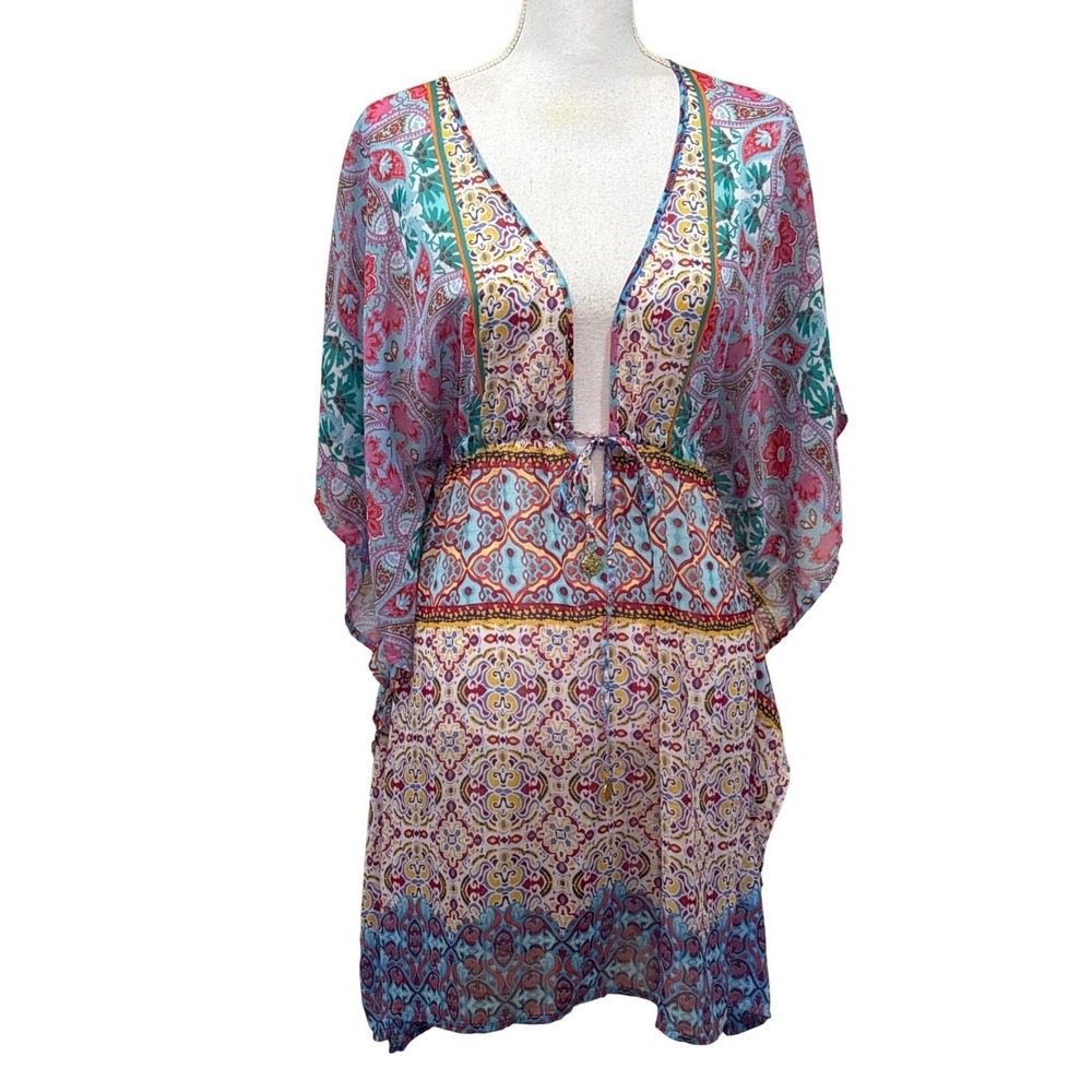 Bleu Rod Beattie Womens Paisley Kaftan Swim Cover Up Blue Pink Large, poolside